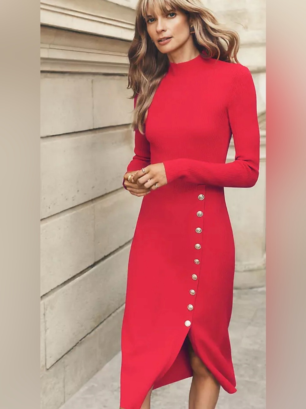 NWT Ann Taylor Red Long-Sleeve Button-Side Rib Knit Dress